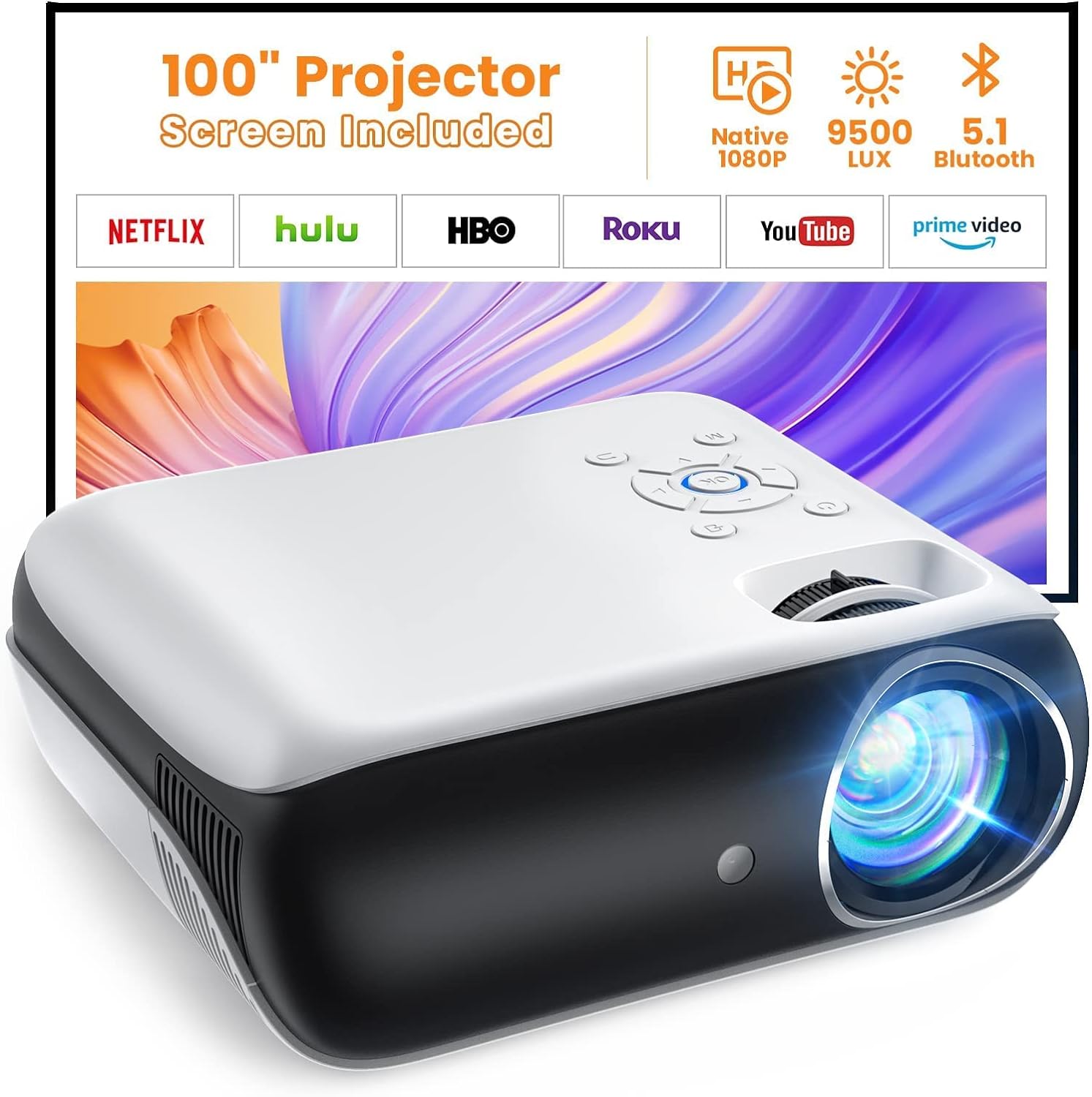  HAPPRUN Proyector, proyector Bluetooth Native 1080P con pantalla  de 100 pulgadas, proyector de cine portátil para exteriores de 9500L,  compatible con smartphone, HDMI, USB, AV, Fire Stick, PS5 : Electrónica