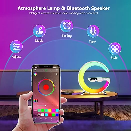 Lampe d'ambiance avec haut-parleur Bluetooth Big G avec chargeur sans fil, lampe de table LED intelligente, haut-parleur Bluetooth, veilleuse à intensité variable, lampe tactile, réveil avec synchronisation de musique, contrôle par application 