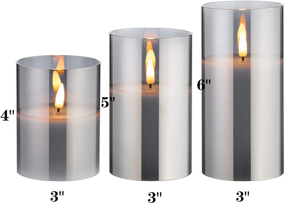 Eywamage Grey Glass Flameless Candles with Remote Battery Operated Flickering LED Pillar Candles Real Wax Wick Φ 3" H 4" 5" 6"