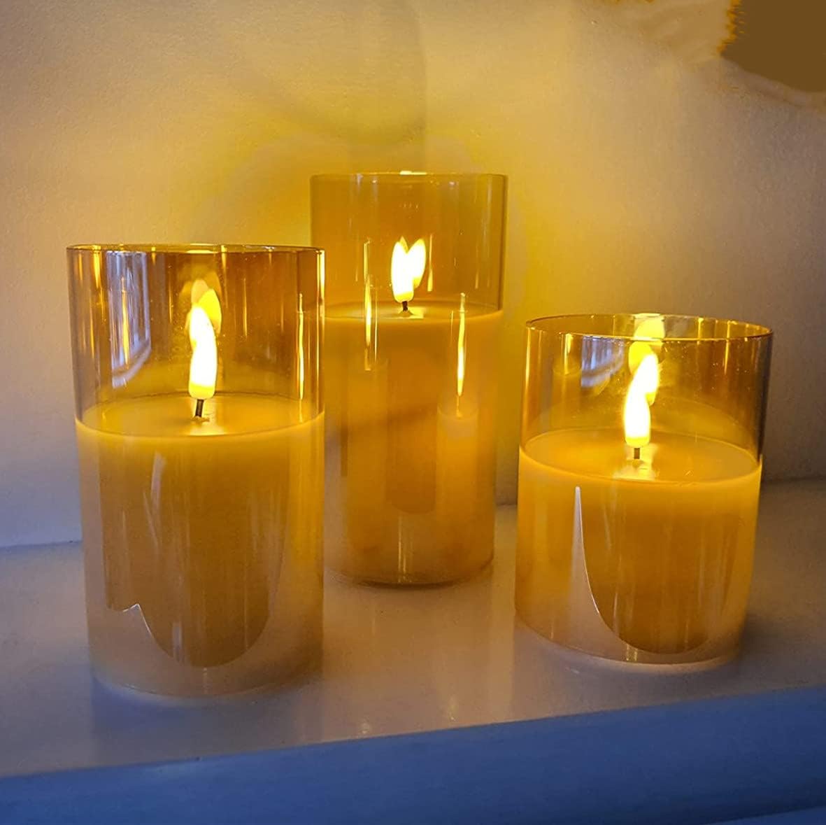 Eywamage Grey Glass Flameless Candles with Remote Battery Operated Flickering LED Pillar Candles Real Wax Wick Φ 3" H 4" 5" 6"