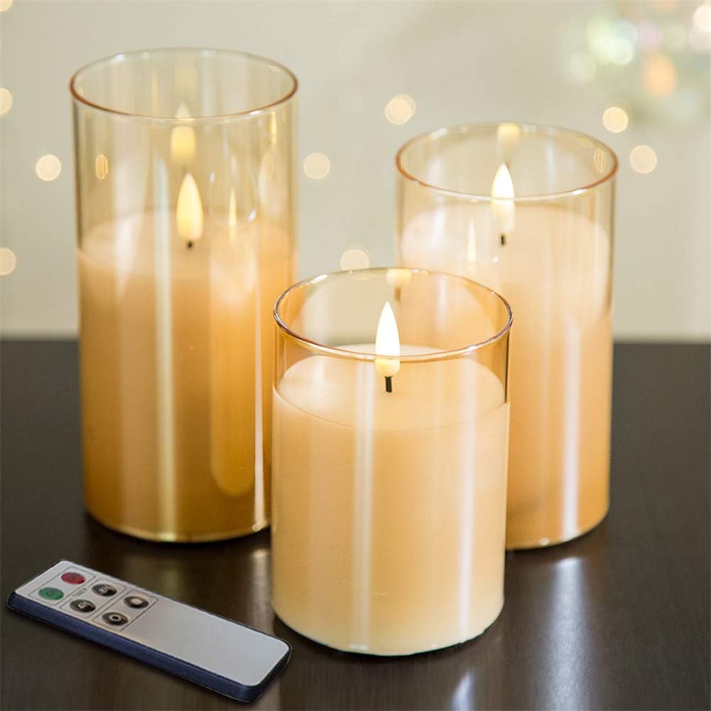 Eywamage Grey Glass Flameless Candles with Remote Battery Operated Flickering LED Pillar Candles Real Wax Wick Φ 3" H 4" 5" 6"