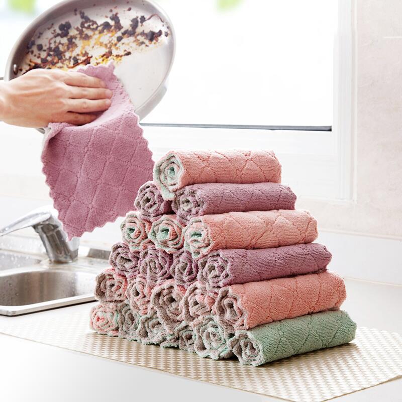 Printed Two-color Double-sided Absorbent Dish Cloth Non-stick Oil Hand Towel Thickening Wipe Tablecloth Kitchen Rag