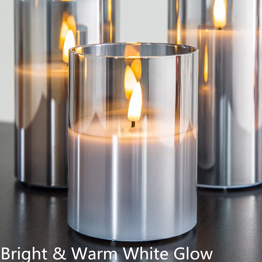 Eywamage Grey Glass Flameless Candles with Remote Battery Operated Flickering LED Pillar Candles Real Wax Wick Φ 3" H 4" 5" 6"