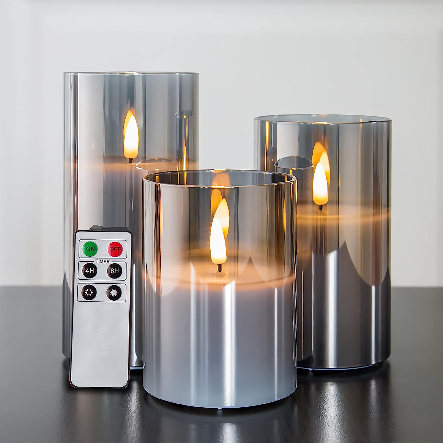 Eywamage Grey Glass Flameless Candles with Remote Battery Operated Flickering LED Pillar Candles Real Wax Wick Φ 3" H 4" 5" 6"