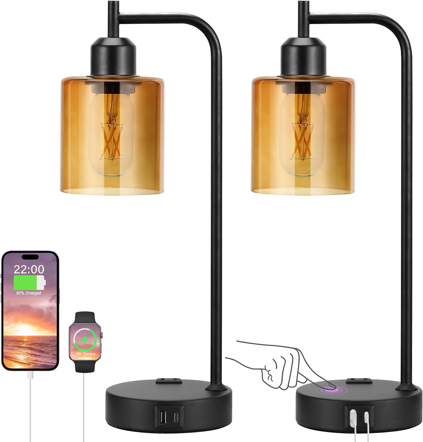 Industrial Touch Table Lamps for Bedrooms Set of 2 - 3-Way Dimmable Nightstand Lamps with USB C+A Ports and Outlet, Black Bedside Lamps with Glass Shade for Living Room, Desk Lamps for Home Office