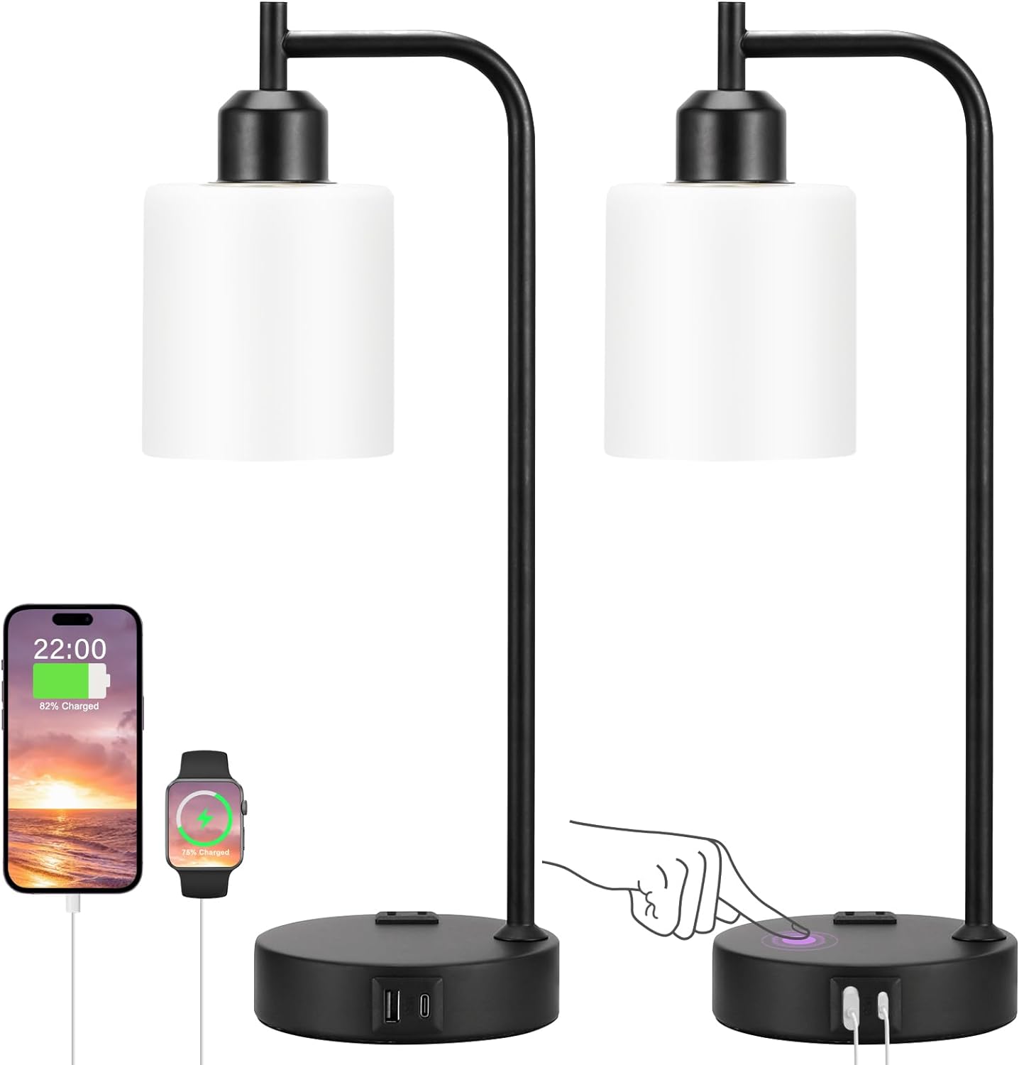 Industrial Touch Table Lamps for Bedrooms Set of 2 - 3-Way Dimmable Nightstand Lamps with USB C+A Ports and Outlet, Black Bedside Lamps with Glass Shade for Living Room, Desk Lamps for Home Office