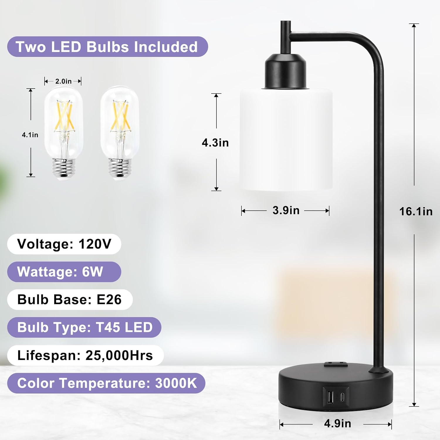 Industrial Touch Table Lamps for Bedrooms Set of 2 - 3-Way Dimmable Nightstand Lamps with USB C+A Ports and Outlet, Black Bedside Lamps with Glass Shade for Living Room, Desk Lamps for Home Office