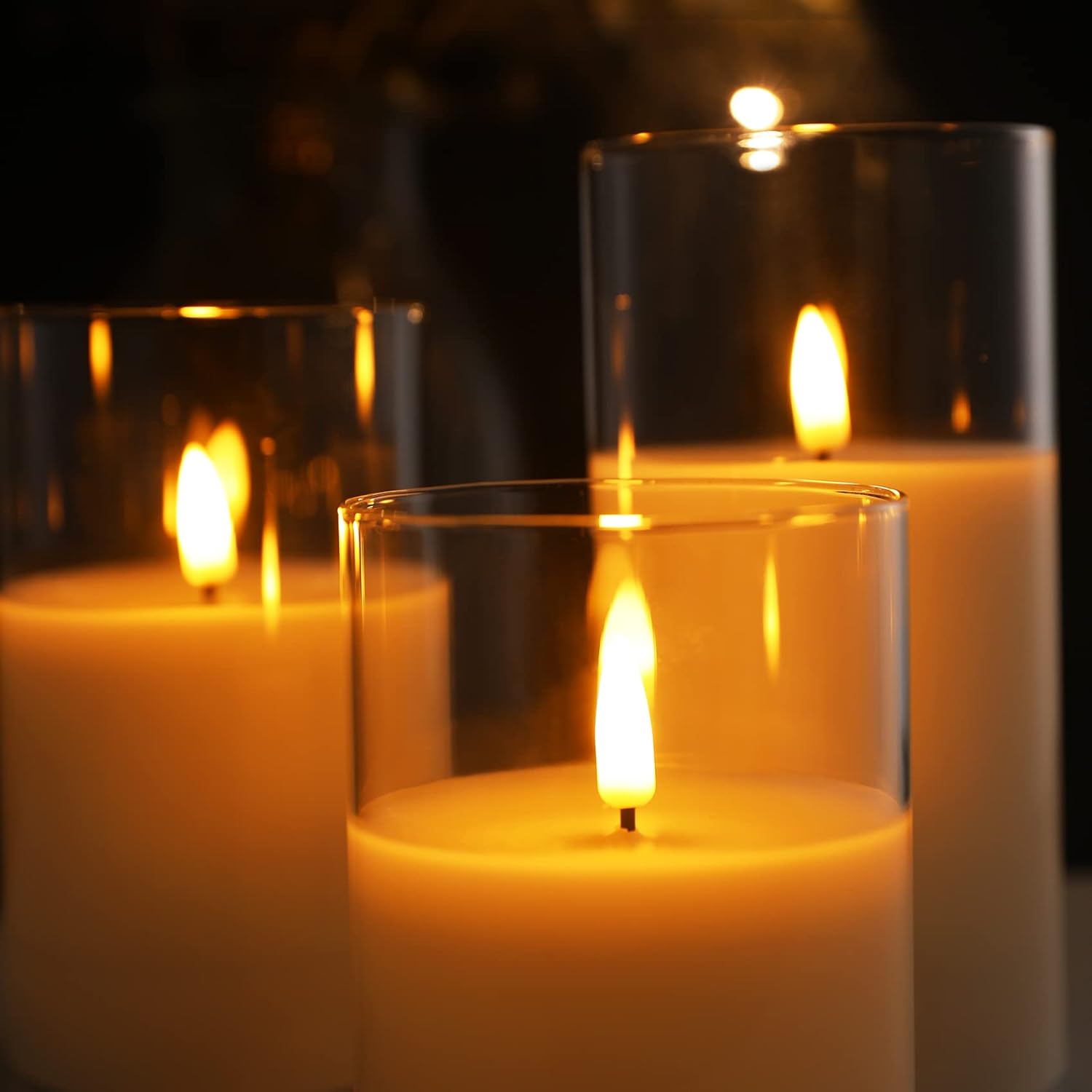 Eywamage Grey Glass Flameless Candles with Remote Battery Operated Flickering LED Pillar Candles Real Wax Wick Φ 3" H 4" 5" 6"