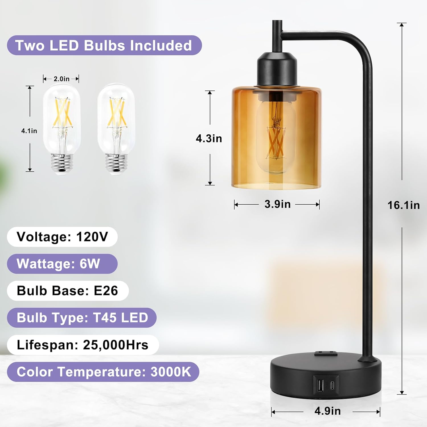 Industrial Touch Table Lamps for Bedrooms Set of 2 - 3-Way Dimmable Nightstand Lamps with USB C+A Ports and Outlet, Black Bedside Lamps with Glass Shade for Living Room, Desk Lamps for Home Office