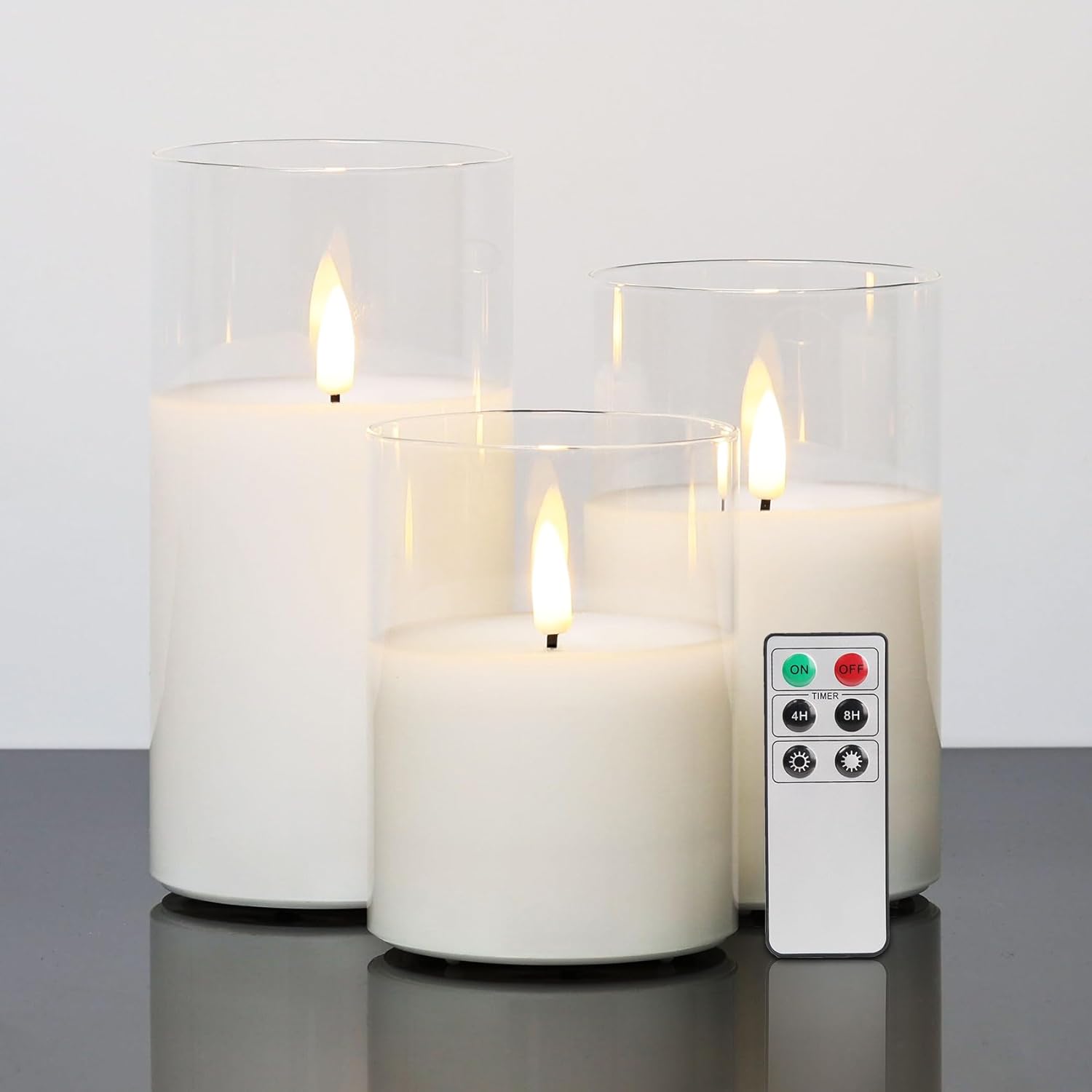 Eywamage Grey Glass Flameless Candles with Remote Battery Operated Flickering LED Pillar Candles Real Wax Wick Φ 3" H 4" 5" 6"