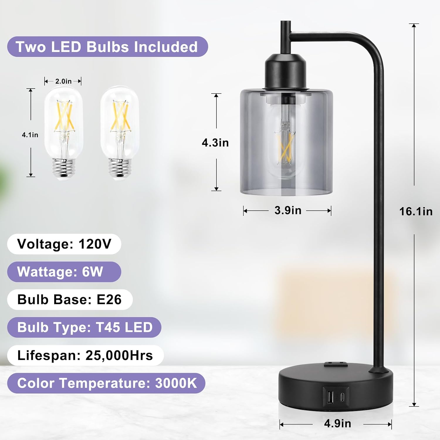 Industrial Touch Table Lamps for Bedrooms Set of 2 - 3-Way Dimmable Nightstand Lamps with USB C+A Ports and Outlet, Black Bedside Lamps with Glass Shade for Living Room, Desk Lamps for Home Office