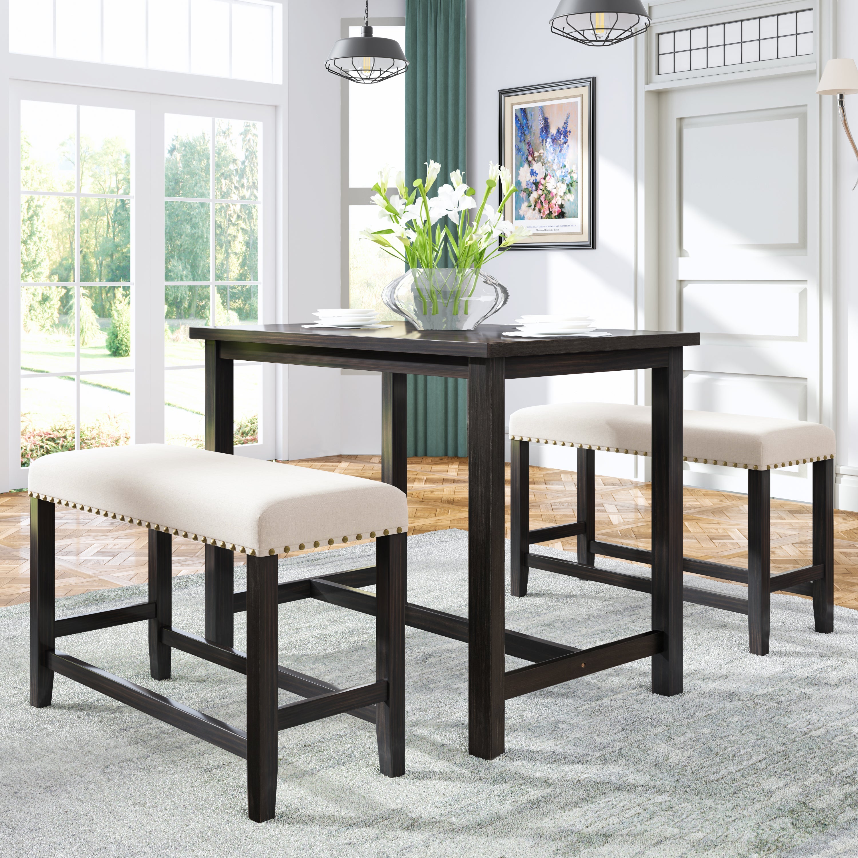 3 Pieces Rustic Wooden Counter Height Dining Table Set with 2 Upholstered Benches for Small Places Espresso+ Beige
