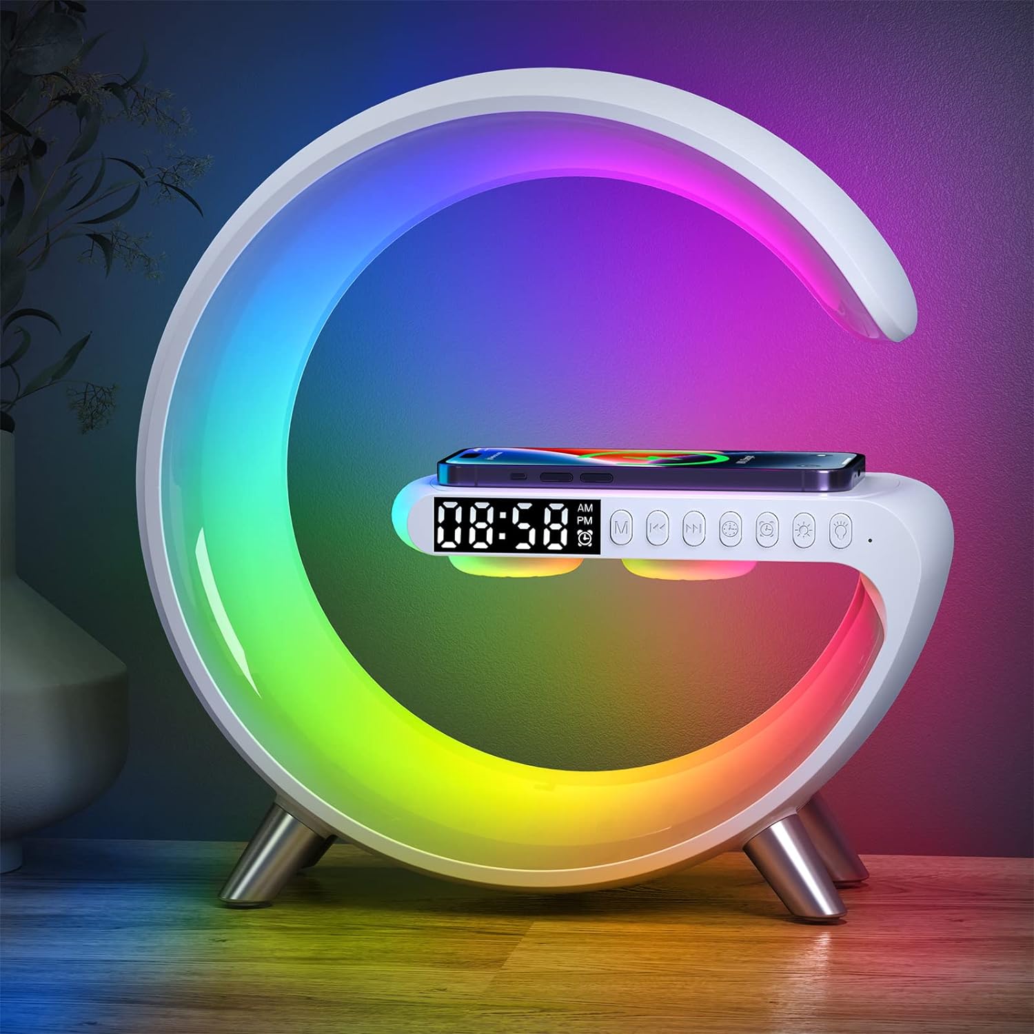 Big G Bluetooth speaker Atmosphere Lamp with Wireless Charger, Intelligent LED Table Lamp, Bluetooth Speaker, Dimmable Night Light, Touch Lamp, Alarm Clock with Music Sync, App Control