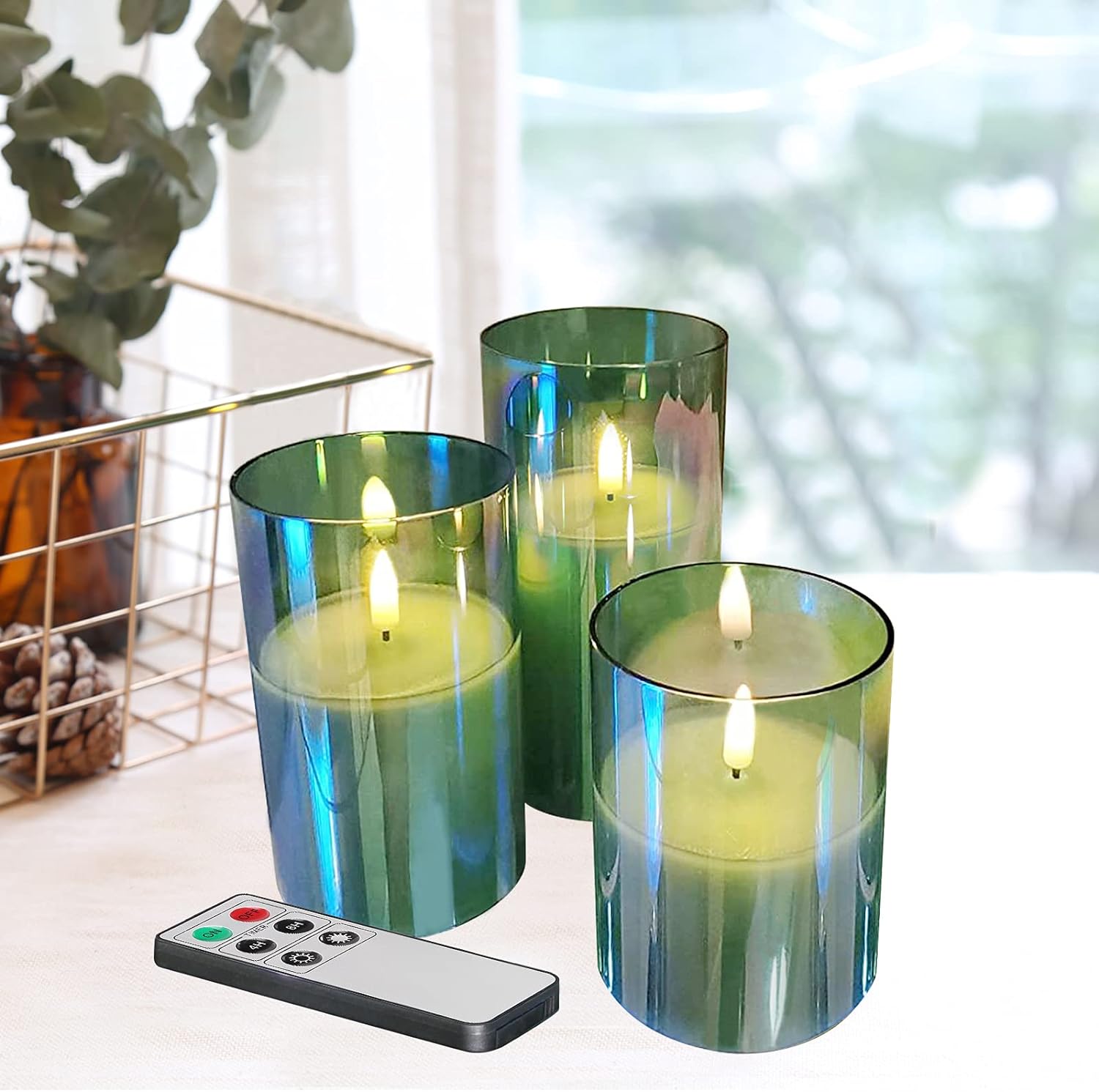 Eywamage Grey Glass Flameless Candles with Remote Battery Operated Flickering LED Pillar Candles Real Wax Wick Φ 3" H 4" 5" 6"