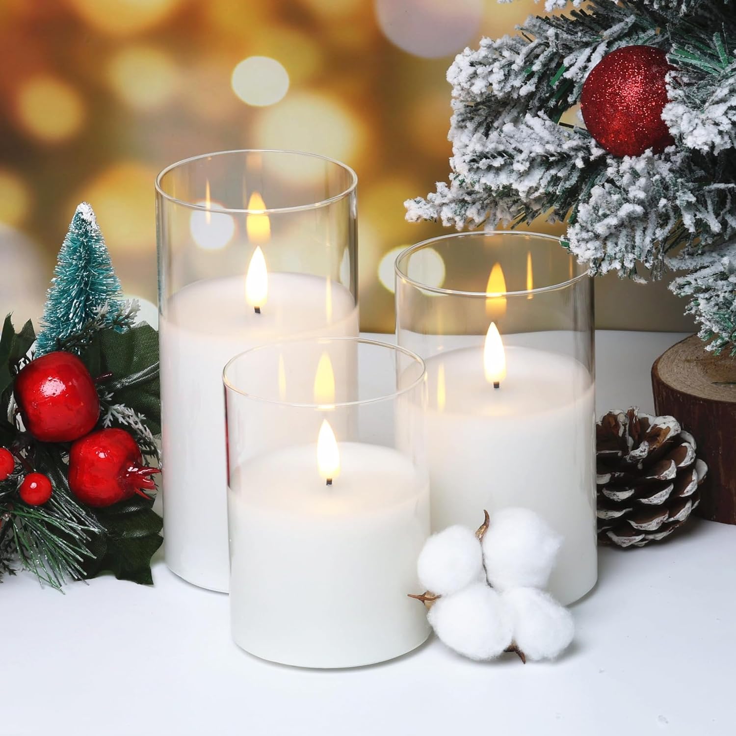 Eywamage Grey Glass Flameless Candles with Remote Battery Operated Flickering LED Pillar Candles Real Wax Wick Φ 3" H 4" 5" 6"