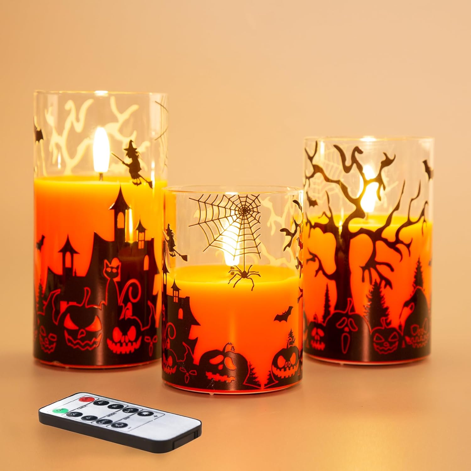 Eywamage Grey Glass Flameless Candles with Remote Battery Operated Flickering LED Pillar Candles Real Wax Wick Φ 3" H 4" 5" 6"