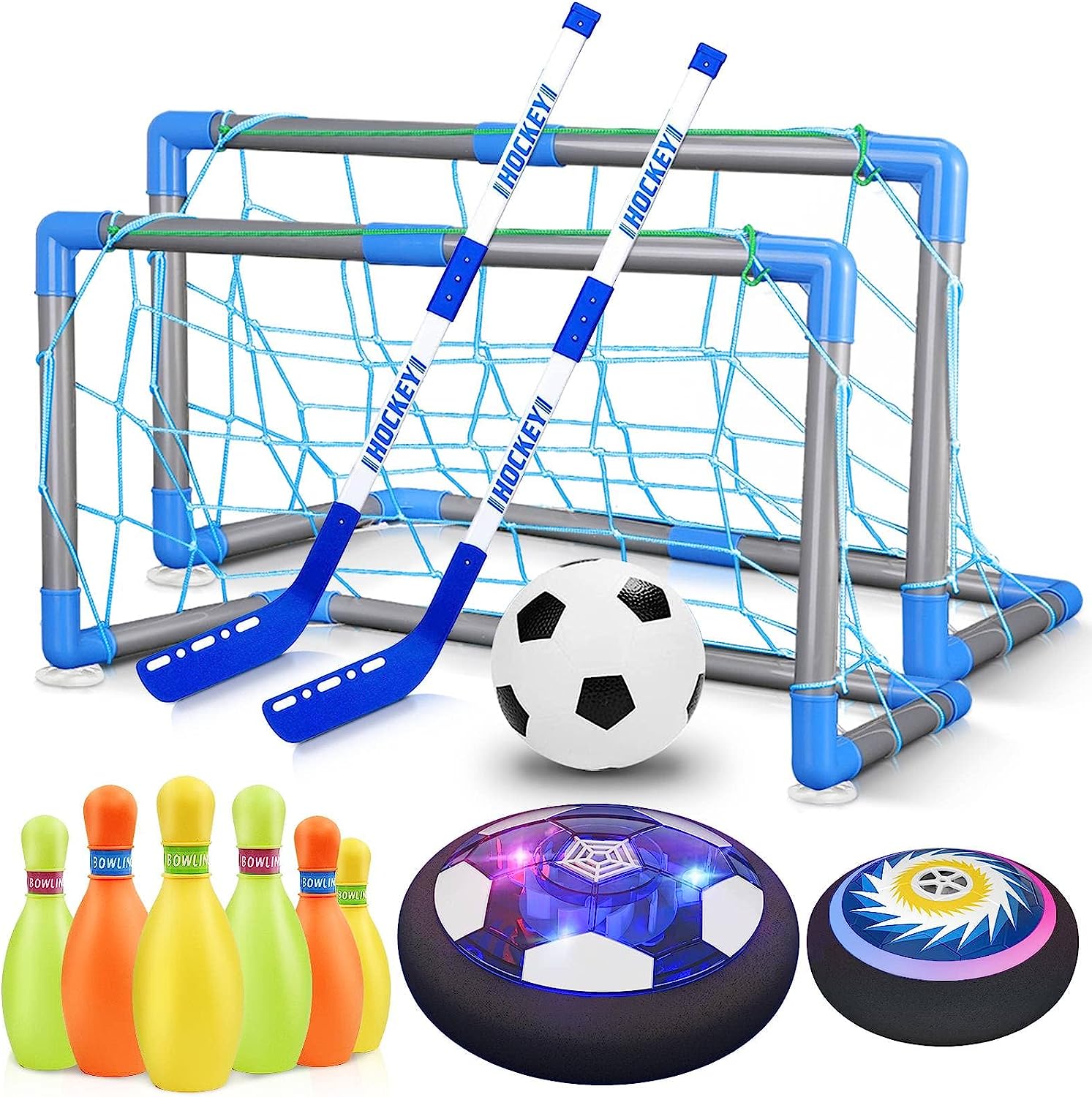 HopeRock 3-in-1 Hover Soccer Ball Hockey Bowling Set, Indoor and Outdoor Toys for Kids Ages 3-12, Outside Toys with LED Lights, Christmas Birthday Gifts for 3 4 5 6 7 8 9+ Year Old Boys Girls