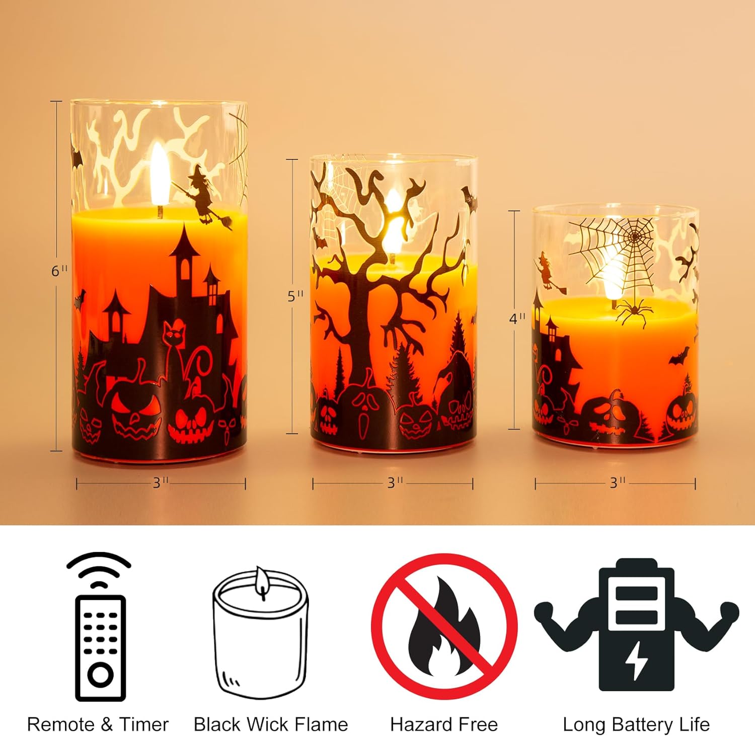 Eywamage Grey Glass Flameless Candles with Remote Battery Operated Flickering LED Pillar Candles Real Wax Wick Φ 3" H 4" 5" 6"