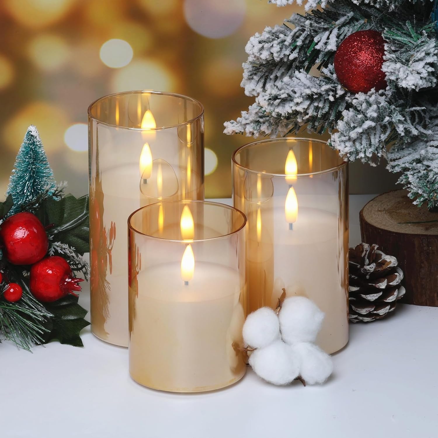 Eywamage Grey Glass Flameless Candles with Remote Battery Operated Flickering LED Pillar Candles Real Wax Wick Φ 3" H 4" 5" 6"