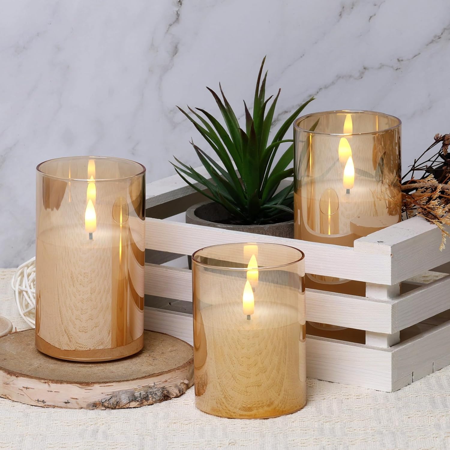 Eywamage Grey Glass Flameless Candles with Remote Battery Operated Flickering LED Pillar Candles Real Wax Wick Φ 3" H 4" 5" 6"