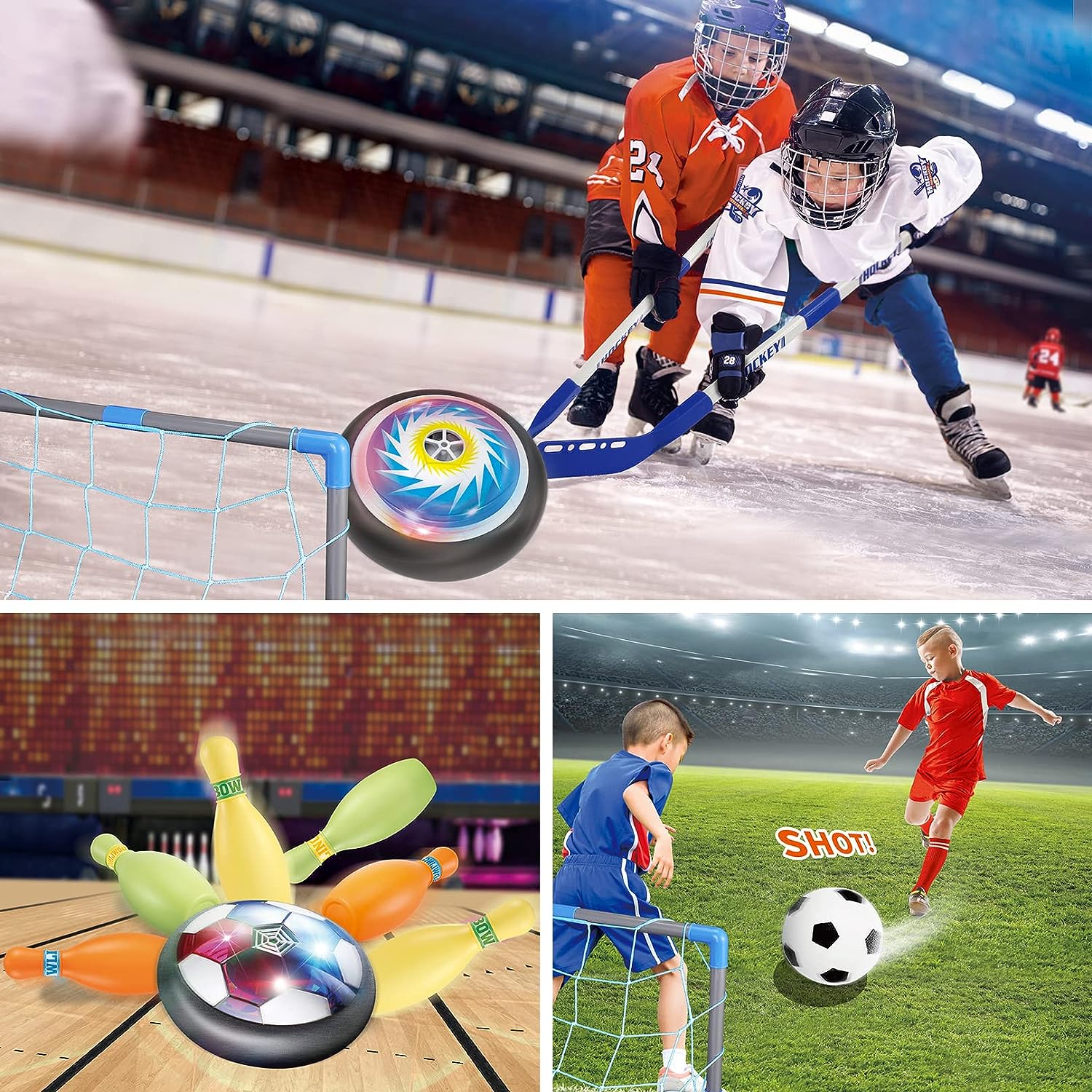 HopeRock 3-in-1 Hover Soccer Ball Hockey Bowling Set, Indoor and Outdoor Toys for Kids Ages 3-12, Outside Toys with LED Lights, Christmas Birthday Gifts for 3 4 5 6 7 8 9+ Year Old Boys Girls