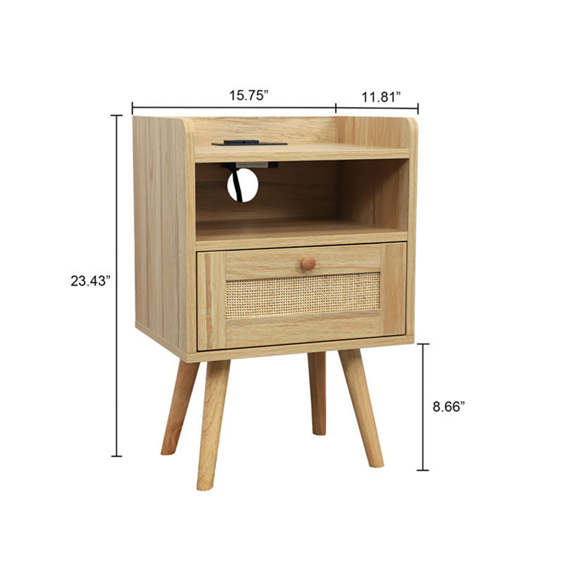 Natural Handmade Rattan Nightstand with 1 AC Outlet 2 USB Ports 1 Type C Port End Table